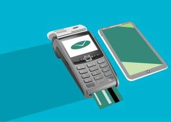 Decorative cardboard appliques of POS terminal with credit card near cellphone with app on screen during money transaction on blue background