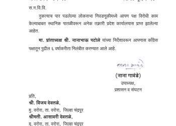 देवतळे दाम्पत्य काँग्रेसमधून निलंबित