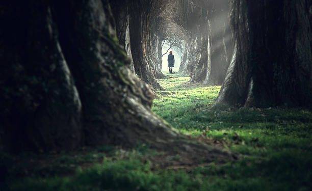 Woman walking in the mystic magic deep forest